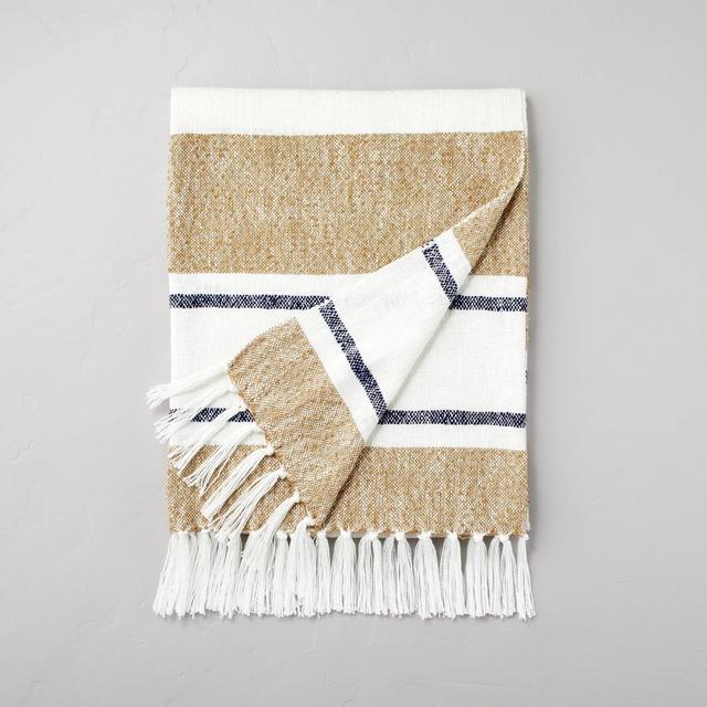 Neutral Wide Stripe with Knotted Fringe Throw Blanket Light Brown - Hearth & Hand™ with Magnolia