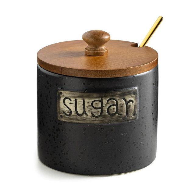 LYEOBOH Black Sugar Bowl with Lid and Spoon, 15 Oz Farmhouse Sugar Container Holder for Coffee Bar Accessories, Food Storage Containers - Modern Kitchen Decor Housewarming Gift