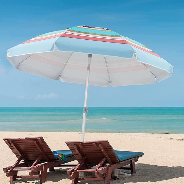BLUU 7.5FT Beach Umbrella, SPF50+ Sun Protection Windproof Sunscreen Ventilation Umbrellas with Sand Anchor, Tilt, Carry Bag, for Outdoor Beach Trip (Stripe Sky Blue and Red)