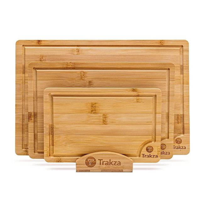 TRAKZA Bamboo Cutting Board Set - Durable Kitchen Cutting Boards For Chopping Fruit, Meat, Cheese, Veggies - Deep Juice Grooves, Side Handles, Easy To Use & Clean - With Storage Holder - 9", 12", 15"