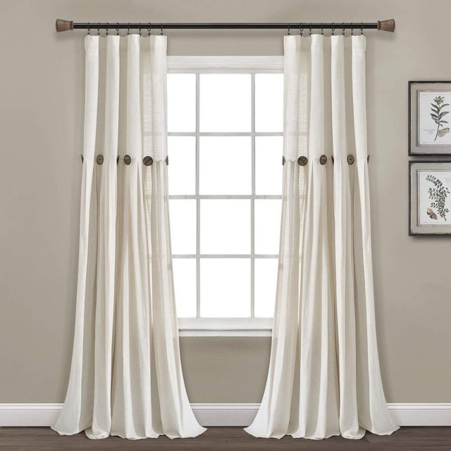 Lush Decor Linen Button Farmhouse Curtains, Single Panel, Pleated Two Tone Design 40"W x 84"L, Off White