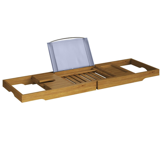 Acacia Bathtub Tray - Natural Wood Tray with Extended Sides, Glass Holder, Book, Phone, or Tablet Rest - For Bath Accessories by Home-Complete