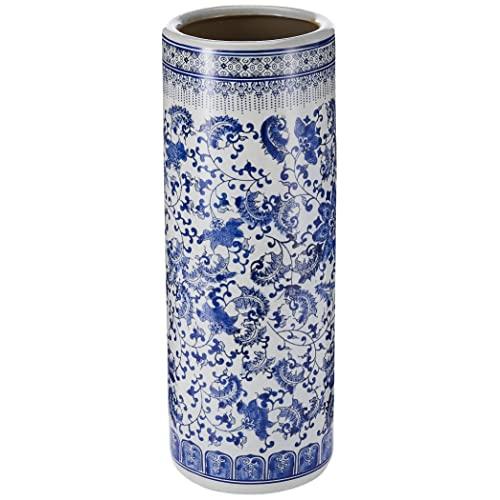 Oriental Furniture 24" Floral Blue & White Porcelain Umbrella Stand