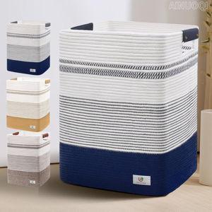 Large Laundry Basket - Tall Woven Rope Laundry Hamper with Leather Handles - Dirty Clothes hamper for Living room, Bedroom, 17.8" X 13.8" X 22", Dark Blue & White