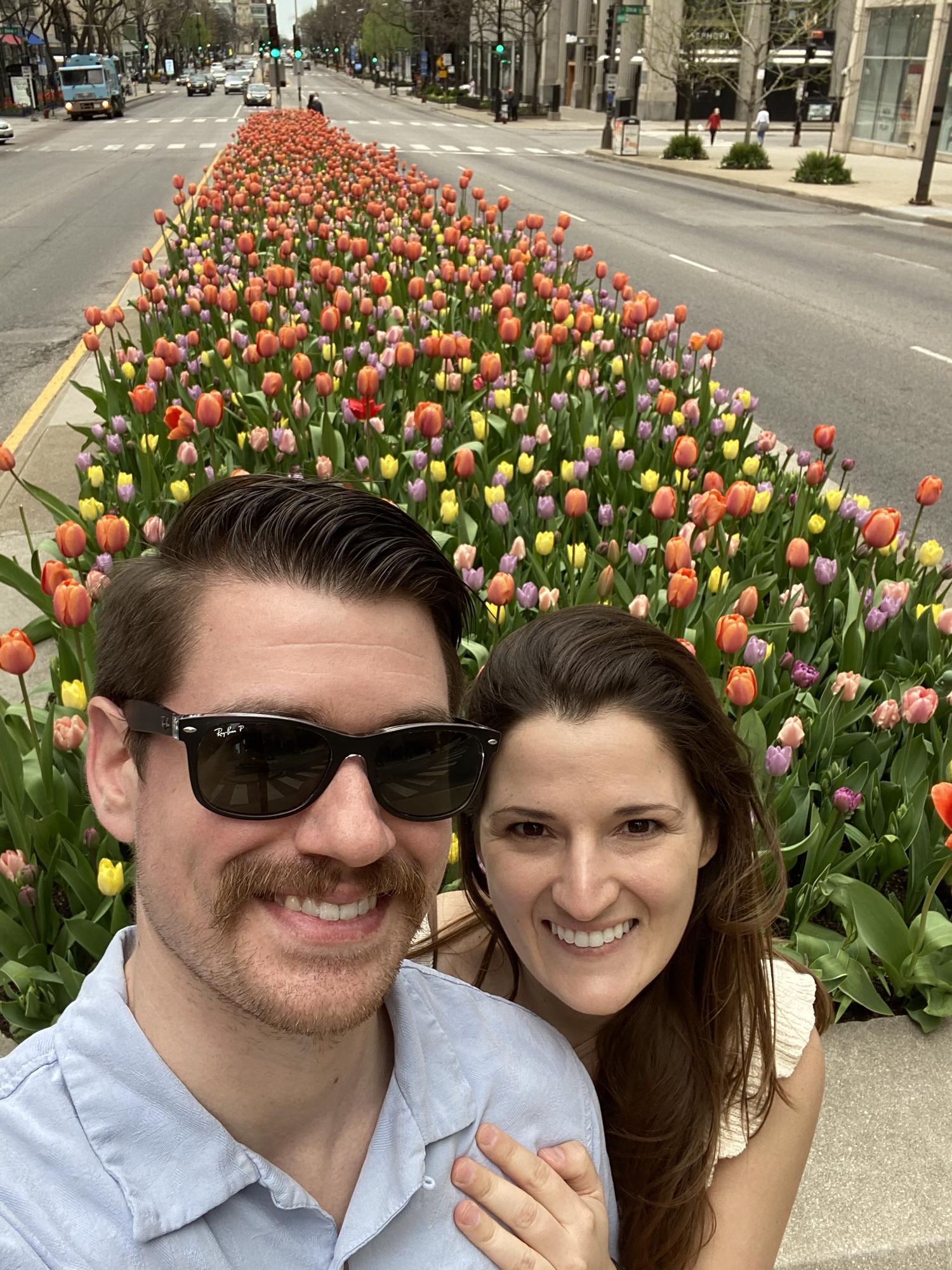 May 2020
Taking in the spring flowers during one of our long walks through Chicago. The beauty of the tulips is only surpassed by that stache