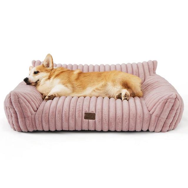 Bedsure Cute Dog Couch - Fluffy Dog Sofa with Premium Soft Corduroy Fleece, Washable Cover, Supportive for Medium Large Dogs, 36in, Blush Pink