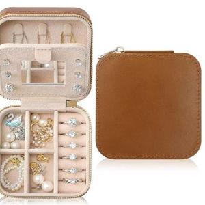 Genuine Leather Travel Jewelry Case Organizer with Mirror for Women, Small Jewelry Box Portable Mini Jewelry Case for Earring, Ring, Necklace, Bracelet(Brown)