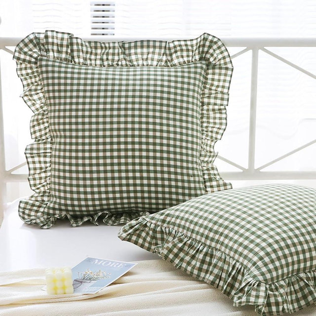 Mywinlle Sage Green Plaid Ruffle Decorative Throw Pillow Covers for Couch,2 Pack Vintage Checkered Washed Cotton Pillowcases for Bed, Sofa, Living Room-18"x18"