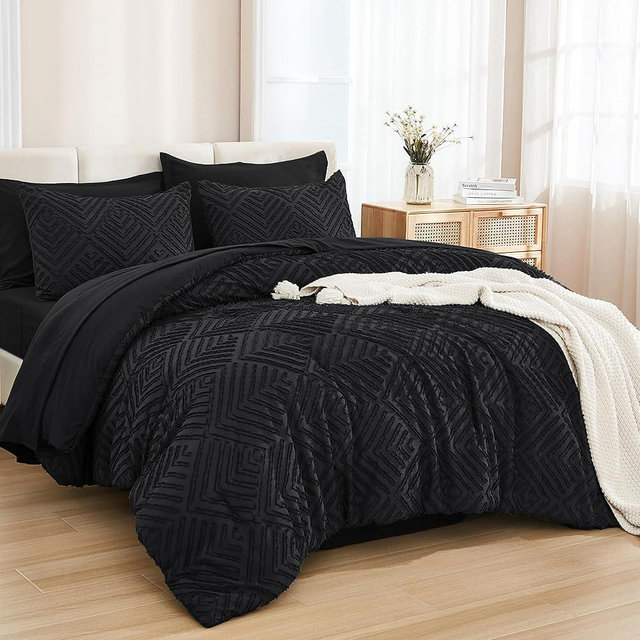 Andency King Size Comforter Set 7 Pieces Black - Bed in a Bag King Boho Lightweight Fluffy Tufted Beddding Sets with Comforter, Sheets, Pillowcases & Shams
