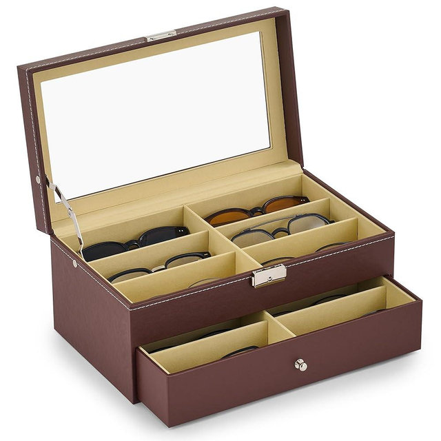 CO-Z Sunglasses Organizer with 12 Slots, Leather Eyeglasses Storage Box for Women Men, 2 Story Lockable Display Case for Multiple Glasses, Sunglasses Jewelry Collection Holder with Drawer, Brown