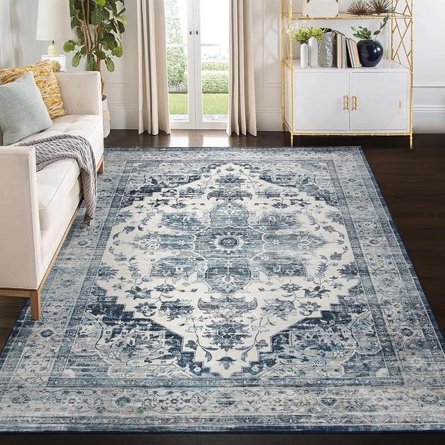 ROYHOME Area Rug 8x10 Machine Washable Rug Traditional Distressed Carpet Stain Resistant Non-Slip Floor Cover Carpet Rug Oriental Medallion Accent Rug for Living Room Bedroom Dining Room, Navy