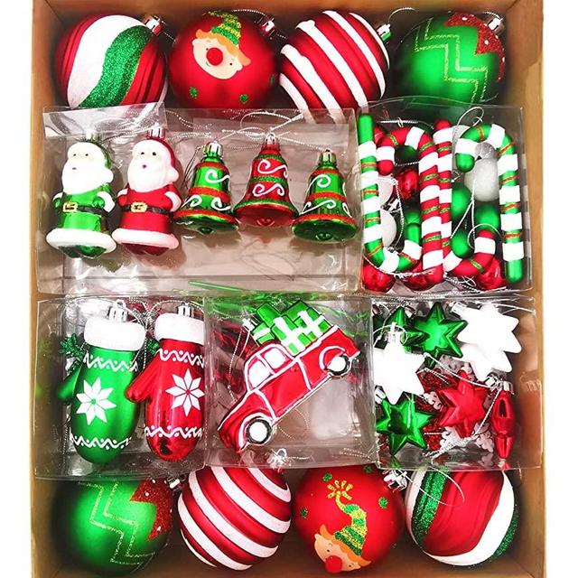 Christmas Ball Ornaments Set, 64 ct Joyful Red Green White Collection Splendor Xmas Assorted Ornaments, Shatterproof Decorative Hanging Ornaments for Holidays Party Wedding Christmas Tree Decor