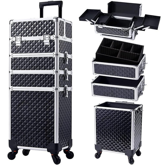 Stagiant Rolling Makeup Train Case Large Storage Cosmetic Trolley 4 in 1 Large Capacity Trolley Makeup Travel Case with Key Swivel Wheels Salon Barber Case Traveling Cart Trunk