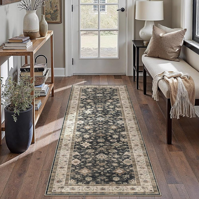 HUGEAR 2x8 Runner Rug Hallway Vintage Black Machine Washable Retro Floral Low Pile Carpet Vacuumable Distressed Long Throw Rug Bedroom Office Bathroom Kitchen Farmhouse Playroom Non Slip