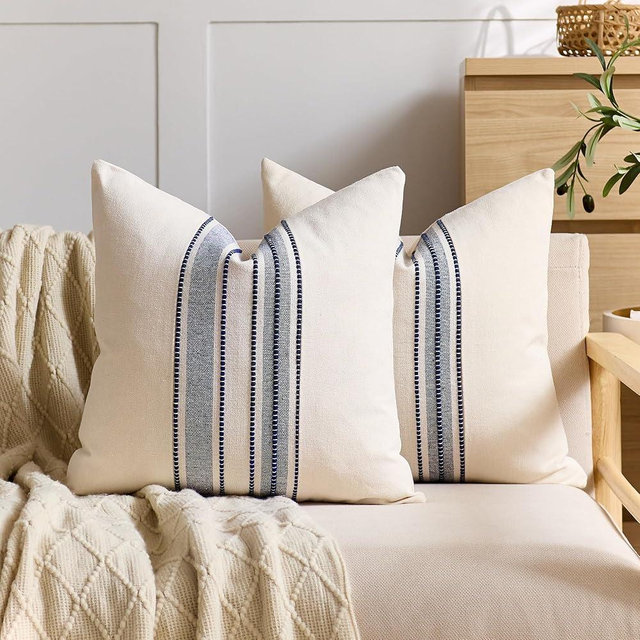 Striped Linen Textured Throw Pillow Covers 20x20 Inch Set of 2,Boho Decorative Cushion Covers, Neutral Navy Blue Accent Pillowcases for Couch, Sofa, Bed Farmhouse & Modern Living Room Decor