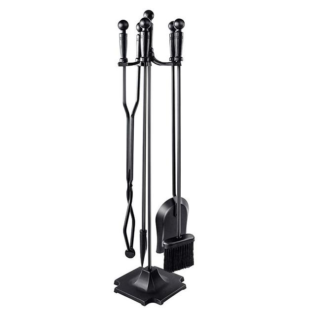 WBHome Fireplace Tools Set 5 Pieces Wrought Iron Fireset Fire Pit Poker Wood Stove Log Tongs Holder Fireplace Tool Set With Pedestal Place, 32 Inch (Black All)