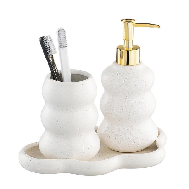 3-Piece Ceramic Bathroom Accessories Set with Sand Point Glaze Design - Tray, Lotion Dispenser, and Tumbler - Bring Nature to Your Bath