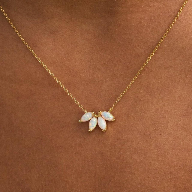 White Opal Flower Necklace by Caitlyn Minimalist • Marquise Gemstone Pendant Necklace • Floral Jewelry • Bridal Shower Gift • NR215