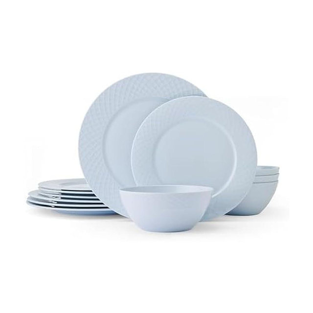 Mikasa Trellis Pastel Bone China Lightweight Chip Resistant 12 Piece Dinnerware Set, Service for 4, Misty Blue