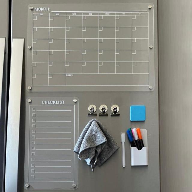 Magnetic Acrylic Calendar for Fridge Set - Magnetic Fridge Calendar Dry Erase Planner with Checklist Planning Board - Refrigerator Weekly Monthly Acrylic Whiteboard with Markers & Microfiber Cloth