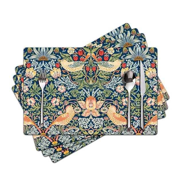 Reizmet William Morris Strawberry Thief Placemats - Placemats set of 4 Faux Leather Heat Resistant for Dinner Table, Non-Slip Waterproof Oil-Proof Washable Reusable Placemat for Indoor Outdoor Kitchen