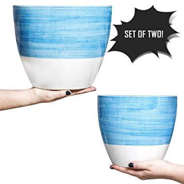 Hash & Mash 10" & 8" Ceramic Planter (Set of 2) - Large Ceramic Pots for Plants - Double-Glazed Flower Plant Pots with Drainage Holes & Plugs - Sturdy, Durable Design Great for Indoor & Outdoor Use