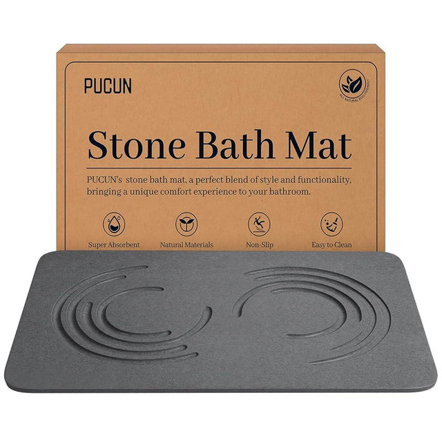 PUCUN Stone Bath Mat Diatomaceous Earth Shower Mat,Quick Drying Diatomite Bath Stone Mat for Bathroom Floor -Super Absorbent,Natural, Easy to Clean (24 * 16 Grey)