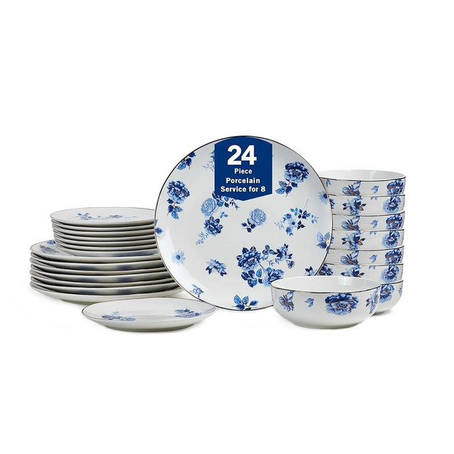 Stone Lain Viola 24-Piece Dinnerware Set Porcelain, Plates and Bowls Set, Dish Set for 8, Microwave and dishwasher Safe, Blue