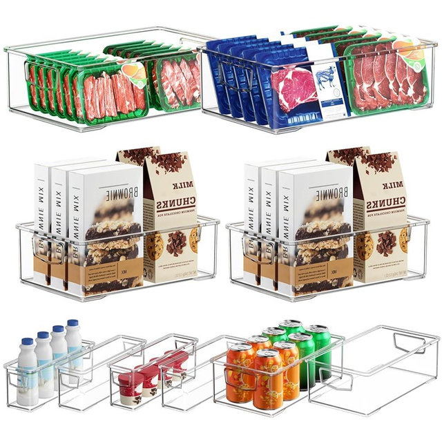 YZSFMZGE Clear Freezer Organizer Bins, 10 Pack Plastic Storage Bin, Stackable Snack Organizer for Pantry, Fridge Storage Containers with Handle for Cabinet, Kitchen