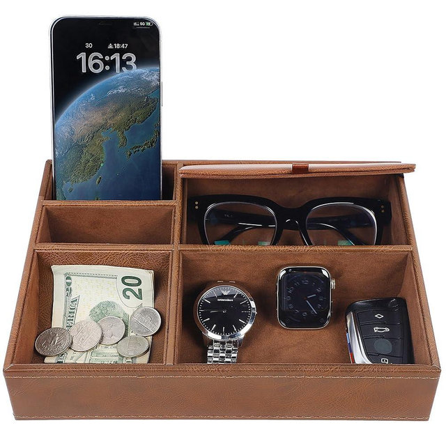 Zcaukya Men's Valet Tray, Jewelry Box Nightstand Organizer with 5 Compartments for Phone Keys Wallet Watch Glasses, Faux Leather Dresser Entryway Catchall Holder for Father's Day Gift (Brown)