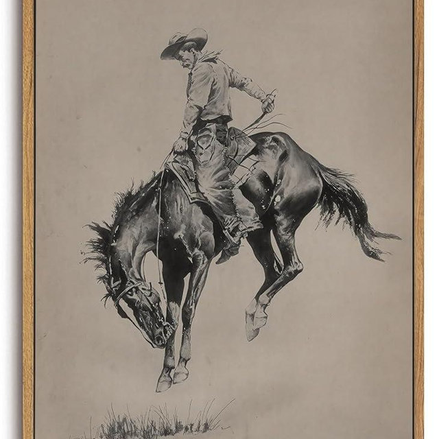 ZZLWBKGL Vintage Western Framed Wall Art Farmhouse Cowboy Canvas Wall Art Retro Country West Bucking Bronco Pictures Decor Mid Century Rodeo Art Prints for Living Room Bedroom