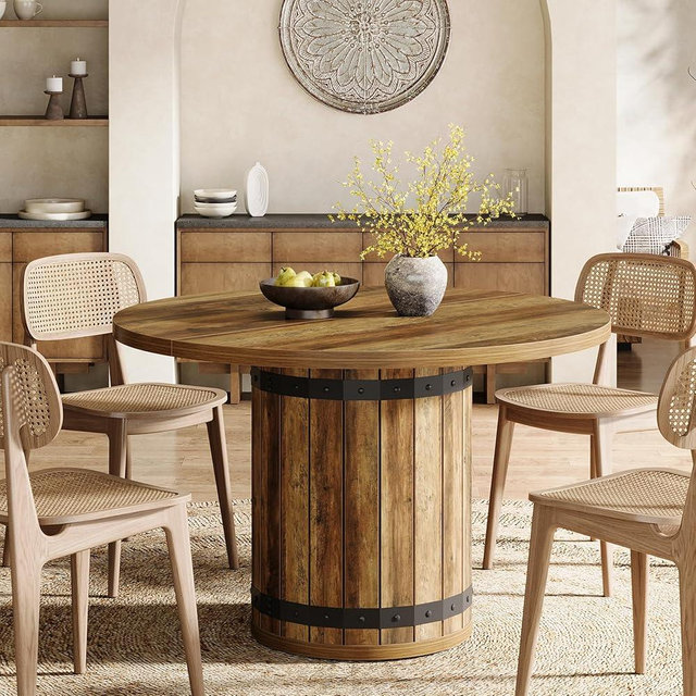 Tribesigns Round Dining Table for 4 People, 39.37-Inch Dining Table with Fence Pedestal Base, Farmhouse Round Kitchen Table Dinner Table for Kitchen Room, Living Room (Chairs Not Included)