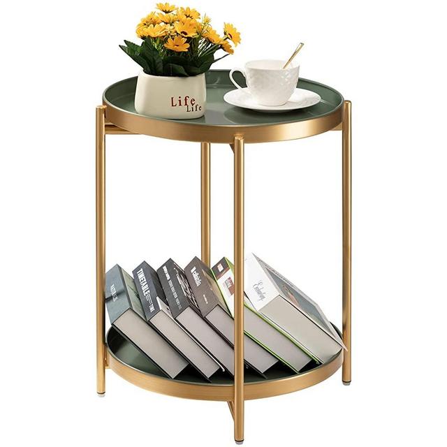 TeoKJ 2 Tier Gold Side Table, Folding Round Metal End Table Small Nightstand Accent Table with Two Removable Tray for Bedroom Living Room Bedside Small Spaces Gold + Dark Green