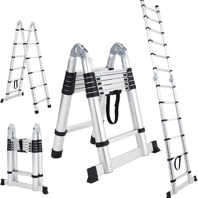 16.5FT Telescoping Ladder,330lbs Aluminum Extension Folding Ladder,Portable Collapsible Ladder with Non-Slip Feet & Stabilizers,Multi-Purpose Retractable Lader for RV or Outdoor Work
