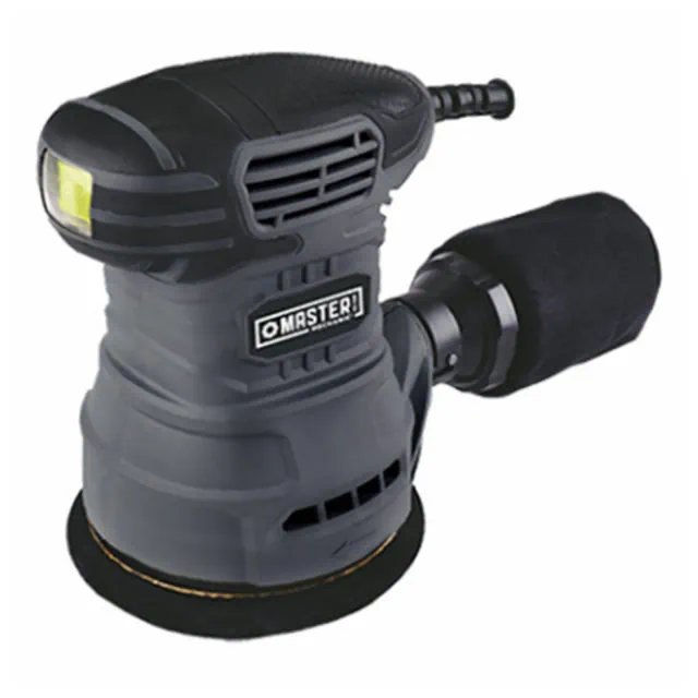 Master Mechanic 5 Inch Random Orbit Sander with Coarse Grit Type, 3 Sanding Paper Sheets, and Storage Dust Bag for Repairs and Home Improvement