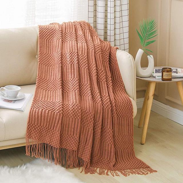 PANDAHOME Textured Throw Blanket Solid Soft for Sofa Couch Decorative Knitted Blanket, 50" x 60", Red Mud