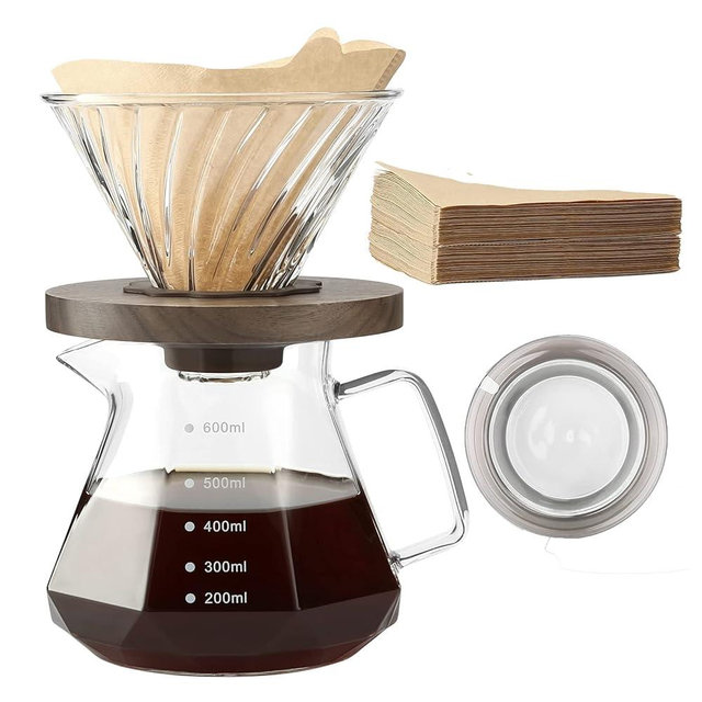 Lalord Pour Over Coffee Maker, 20 oz Borosilicate Glass Carafe with 100 pcs V60 Paper Filter, Walnut Handle & Glass Lid, Drip Coffee Maker for Home Café Restaurant Camping, 600 ml, Clear