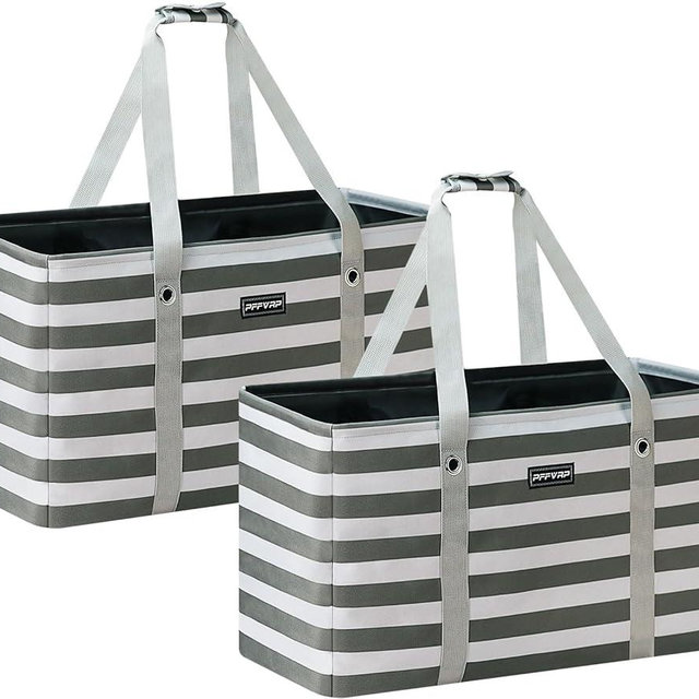 PFFVRP Stand Up Extra Large Utility Tote Bag 2-Pack, Foldable Reusable Grocery Bags with Metal Wire Frame & Reinforced Bottom Board, Large Utility Tote for Grocery Stores, Storage, Shopping (Grey)
