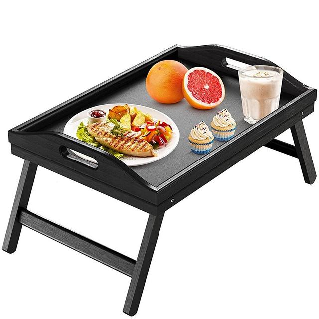 Bed Tray Table with Folding Legs Wooden Serving Breakfast in Bed or Use As a Platter Tray by Pipishell (Black)