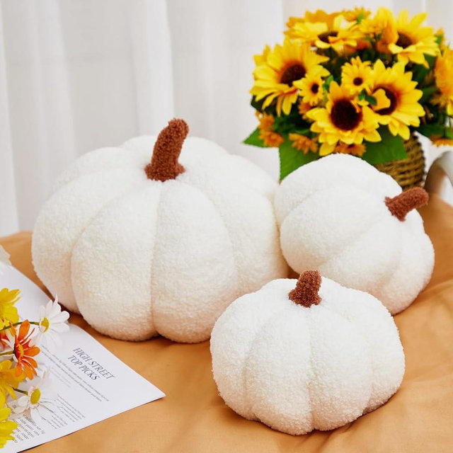 Juexica 3 Pieces Stuffed Pumpkin Pillow Fluffy Plush 3D Pumpkin Shaped Decoration Fall Thanksgiving Halloween Pillow Cushion Cute Soft Throw for Sofa Couch Supplies (White)
