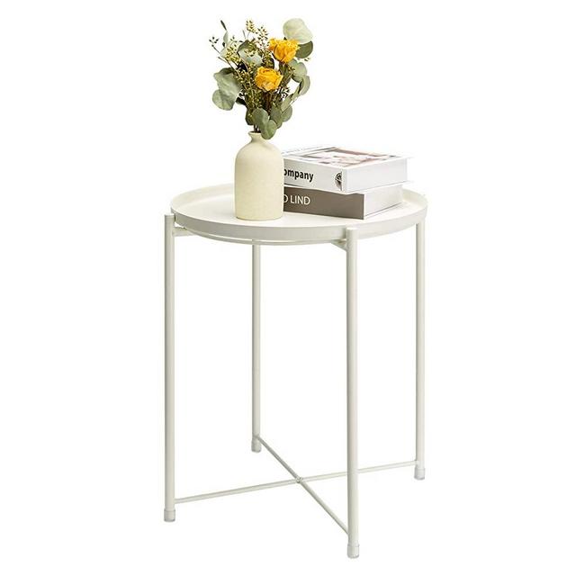 danpinera Side Table Round Metal, Outdoor Side Table Small Sofa End Table Indoor Accent Table Round Metal Coffee Table Waterproof Removable Tray Table Living Room Bedroom Balcony Office Milky White