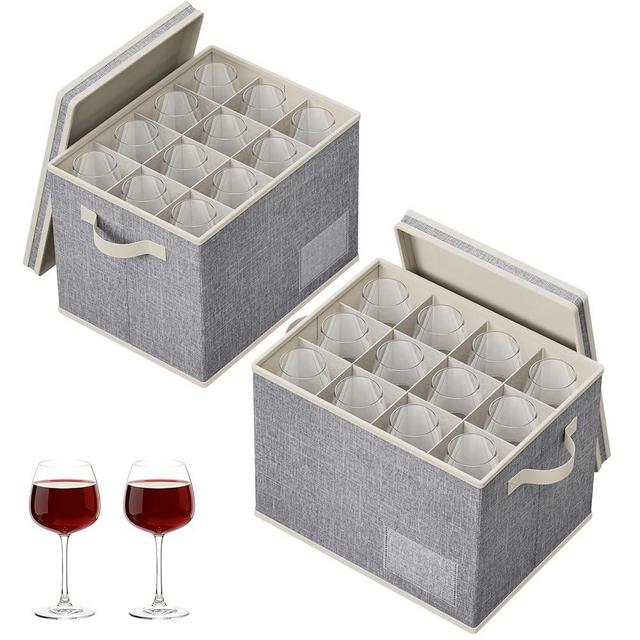 Lifewit 2 Pcs Wine Glass Storage Box with Dividers, Stackable Cationic Hard Shell Stemware Organizer Case 24 Cells, Foldable Dustproof Crystal Goblets Containers for Drinkware Moving, Light Grey