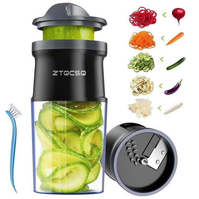 ZTQCSQ 3 in 1 Vegetable Spiralizer Slicer, Adjustable Thickness 0-3mm, Zucchini Spiralizer Veggie Noodle Maker for Cucumber/Zoodle/Salad/Spaghetti/Pasta with Food Container, Cleaning Brush, Black