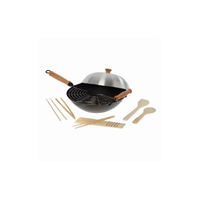 Joyce Chen Professional Series 14-Inch Carbon Steel Excalibur Nonstick Flat Bottom Wok Set with Lid and Maple Handles, 10 Pieces