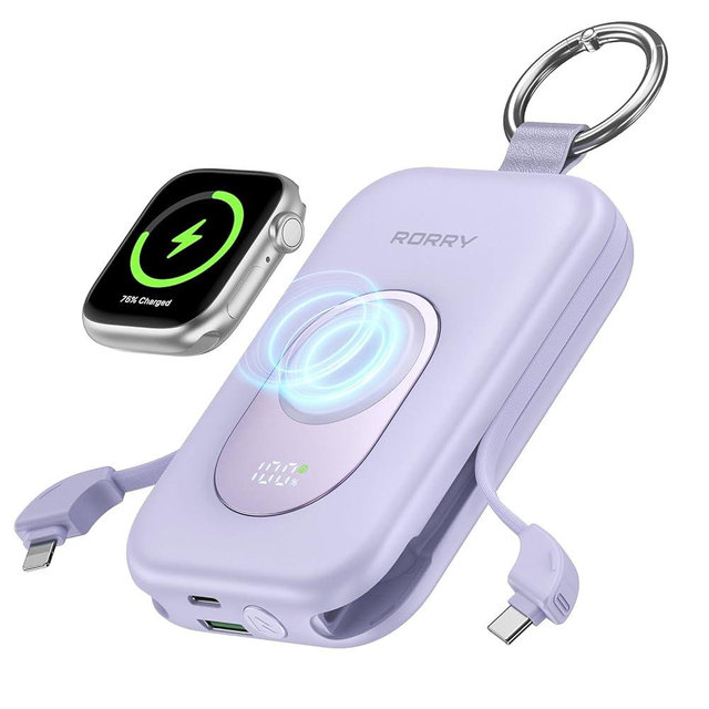 RORRY CharmGo Portable Charger, 20000mAh PD 30W Portable Charger Power Bank with 2 Built-in Cables, Fast Charging Battery Pack with Keychain, Travel Essentials for iPhone, Apple Watch, iPad, Mulberry