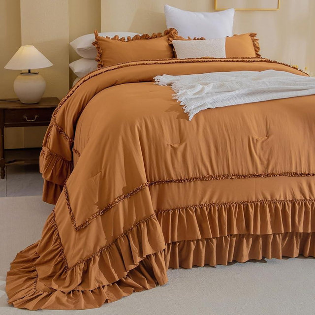 Masaca Pumpkin Oversized King Comforter 128x120,Farmhouse Shabby Boho Chic Ruffled Bedding Comforter Set,3pcs Ultra Soft Fluffy Brown Orange Ruffle Comforter Sets Extra Large