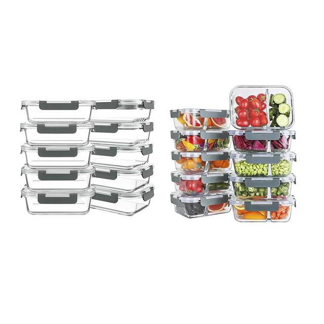 KOMUEE 10 Packs 30 oz Glass Meal Prep Continers Set with 1 & 2 Compartments, Glass Food Storage Containers with Lids, Freezer, Oven and Microwave Friendly