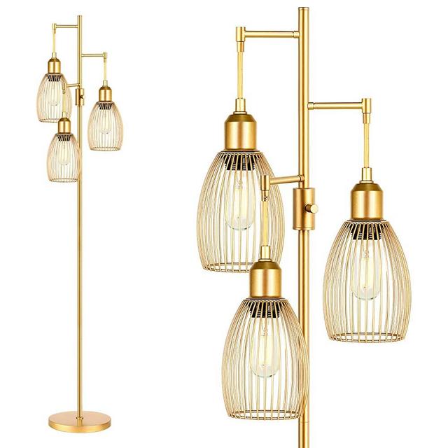 Dimmable Floor Lamp, Industrial Floor Lamps for Living Room, Gold Tree Lamp Standing Lamp Tall Lamps with 3 Elegant Teardrop Cage Head & 800 Lumens LED Bulbs for Living Room Bedroom Office