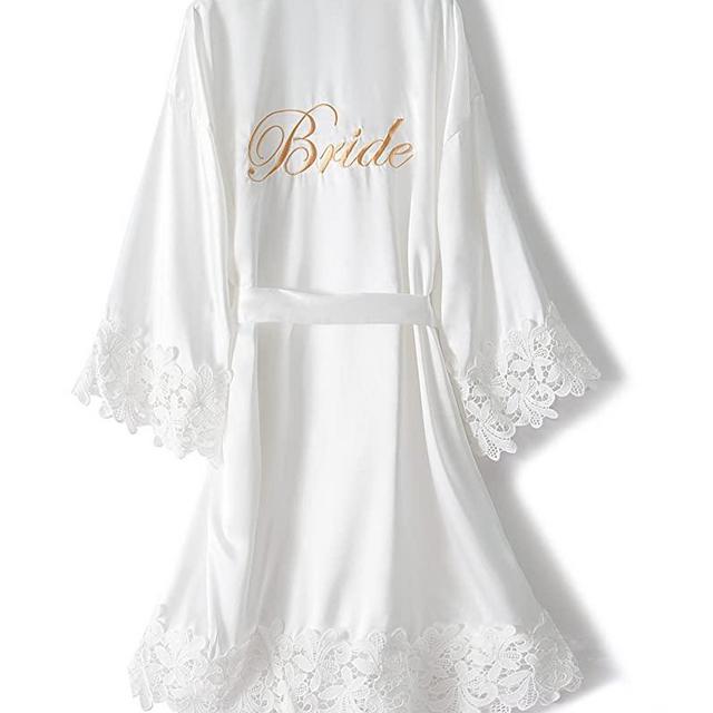 Crystal Dew Bride Kimono Robes Bridal Satin Robe with Lace Trim Embroidery Silky Bathrobe for Women Wedding Party