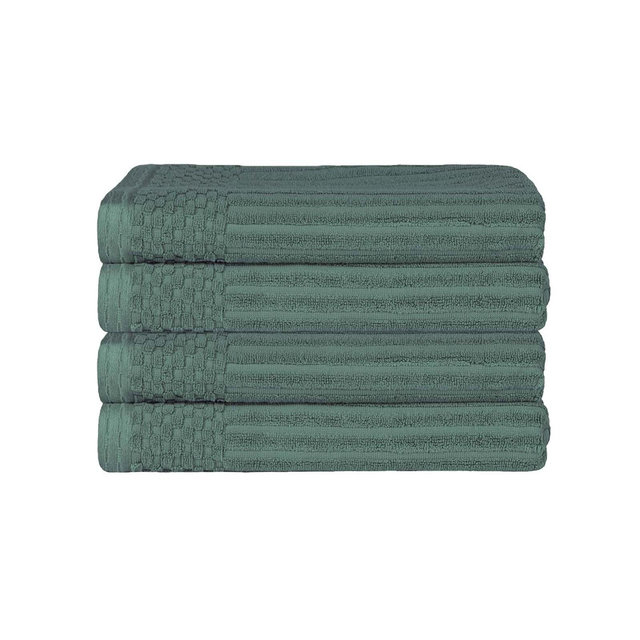 Plush Cotton Ribbed Checkered Border Medium Weight 4 Piece Bath Towel Set, Basil - Blue Nile Mills